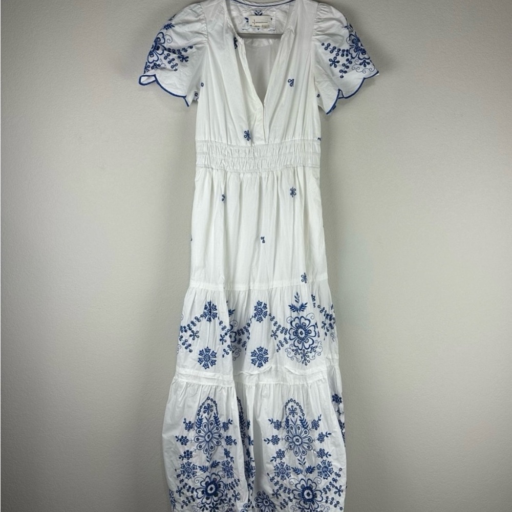 New! Anthropologie Somerset Tiered Maxi Dress S White & Blue Floral Embroidery